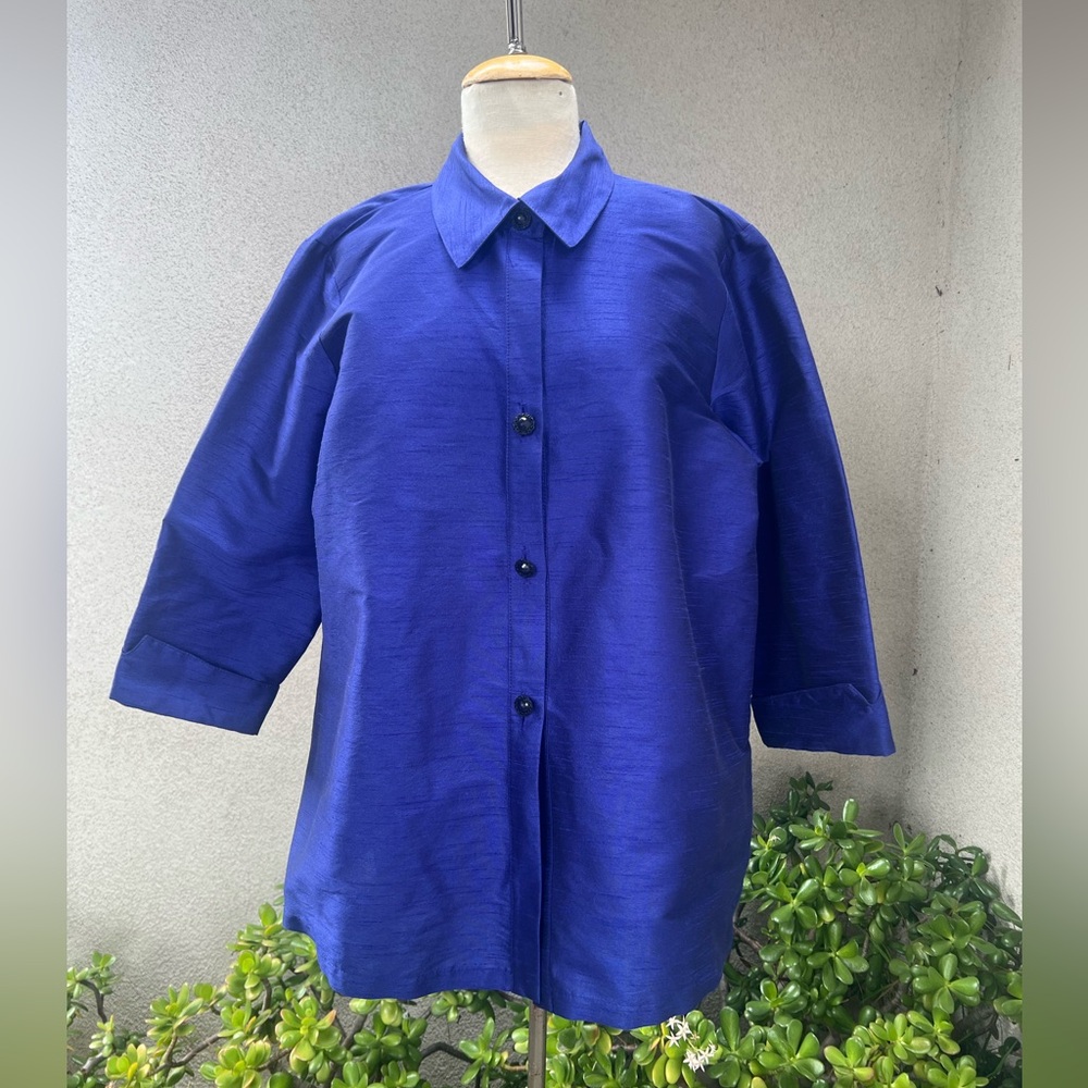 Gumps San Francisco tunic top blouse silk blend textured Royal blue Sz Large
